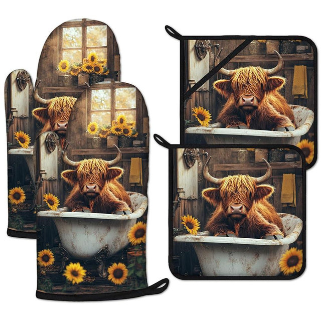 Highland Cow Sunflower Oven Mitts and Pot Holders Sets Heat Resistant 4Pcs Potholders Oven Gloves Hot Pads for Kitchen Baking Cooking Grilling BBQ