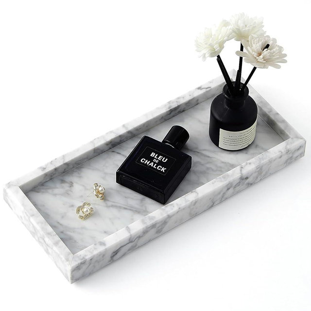 Real Natural Small Marble Tray for Bathroom, Vanity, Kitchen and Desktop, Rectangle Genuine Marble Stone Tray for Jewelry, Cosmetics, Candles, Lotion, Perfume and Home Decor (White, 12" x 5" x 1.2")