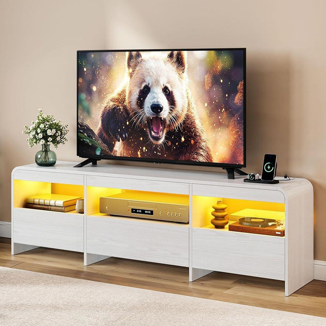 Homiflex TV Stand for 65, 70 Inch TVs, LED Entertainment Center with Drawers and Open Storage, Wood TV Console w/Power Outlets, Modern Media Console, Curved Corner, for Living Room, Bedroom, White