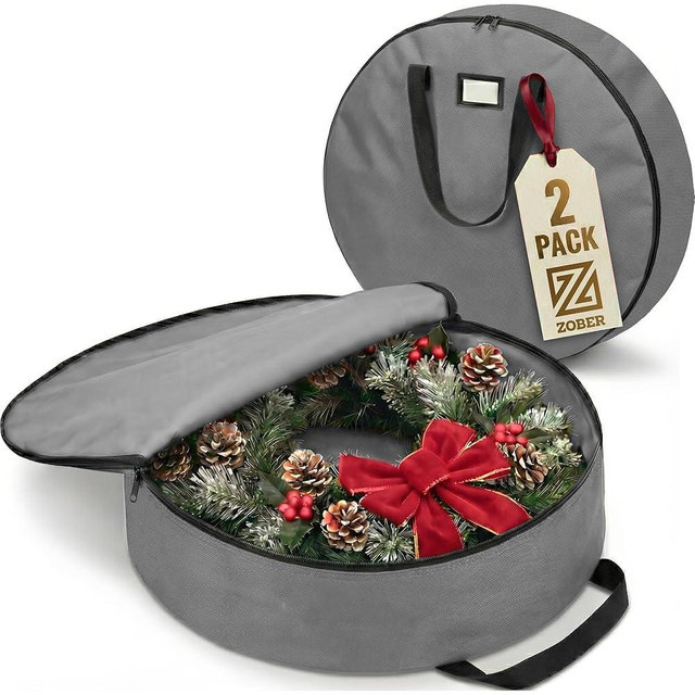 ZOBER 2 Pack Oxford Christmas Wreath Storage Container 48 Inch - Wreath Bag for Artificial Wreaths Box - Waterproof Fabric, Dual Zippered Wreaths Storage Bag With Strong Durable Handles - Gray
