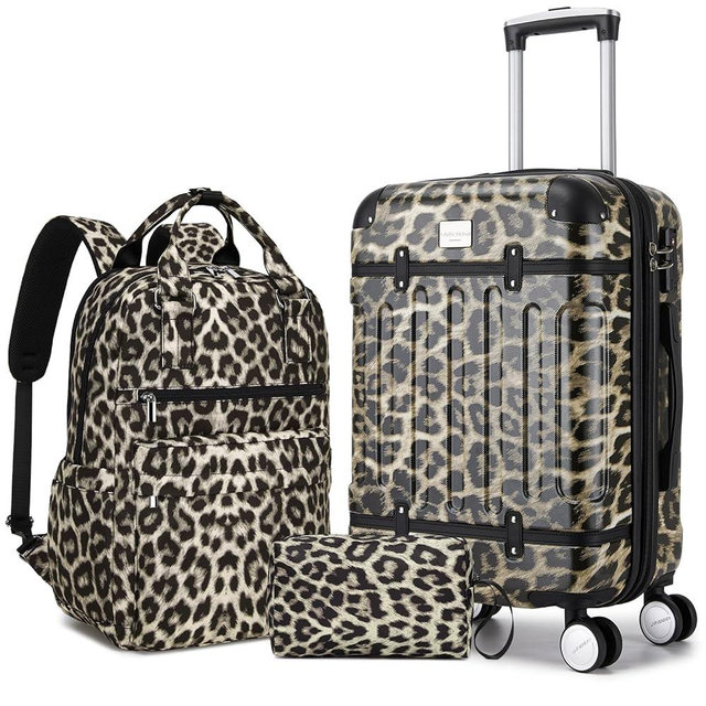 LARVENDER Luggage Sets 3 Piece Expandable Carry on Luggage 22x14x9 Airline Approved Hardshell Suitcase with Wheels TSA Lock, Lightweight Suitcase Set for Women with Travel Backpack, Cheetah