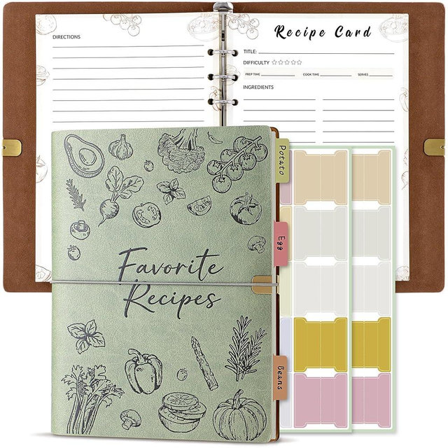 MOOROL Blank Recipe Book Binder to Write in Your Own Recipes,Water Proof Leather Recipe Journal Notebook,Make your Own Favorite Cookbook(Sage Green)