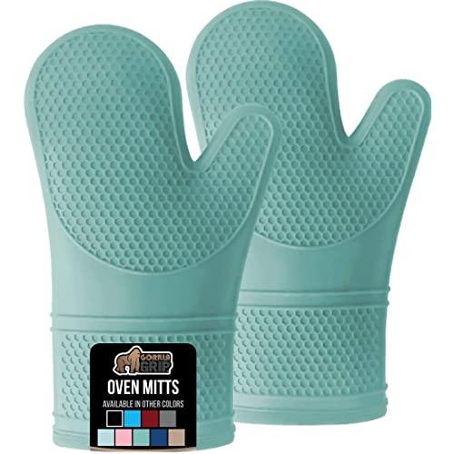 Gorilla Grip Premium Silicone Slip Resistant Oven Mitt Set, Soft Flexible Oven Gloves, Heat Resistant Kitchen Cooking Mitts, Protect Hands from Hot Surfaces, Cookie Sheets, Turquoise Pair, Set of 2