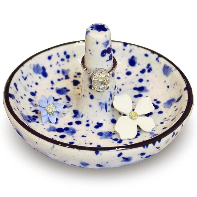 LZBALUYO Wedding Ring Holder for Jewelry, Ceramic Ring Stand With Jewelry Plate, Blue Dots Jewelry Holder for Rings Earrings Necklace Organizer, Gift For Mom - Bridesmaid Gift - Engagement Ring Dish
