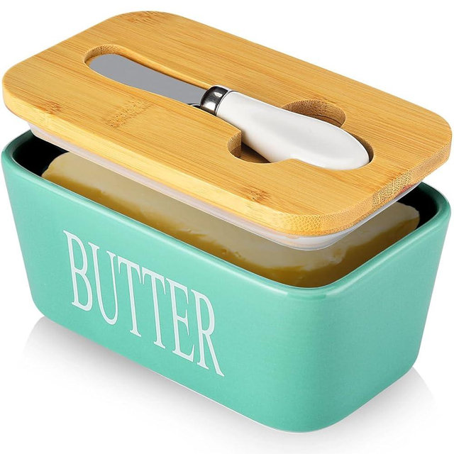 Butter Dish with Lid, Home Decor, Large Butter Dish for Countertop Ceramic Butter Keeper Container with Knife and High-Quality Silicone Sealing Butter Dish Good Kitchen Gift Turquoise