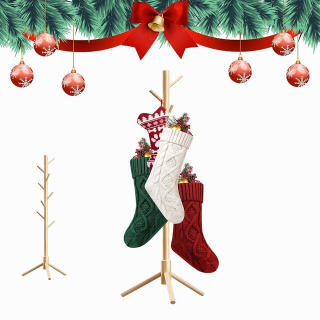 Profully Christmas Stocking Holder Stand, Wooden Stocking Holder Stand with 8 Hooks, Freestanding Stocking Hanger Rack for Floor, Natural
