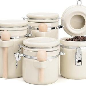 4-Piece Airtight Ceramic Canisters Set with Wooden Spoons & Chalk Labels – Perfect for Coffee, Sugar, Flour, Tea (Cream) – Stylish & Leakproof Kitchen Storage