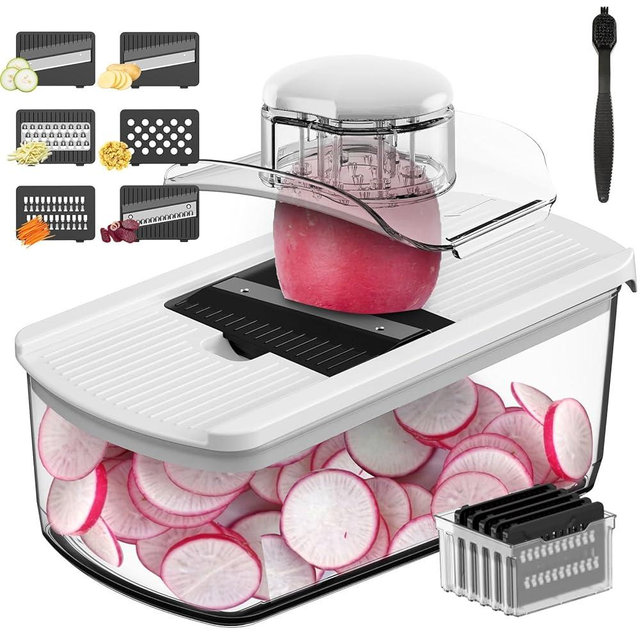 Cambom Mandoline Slicer Vegetable Slicer Multifunctional Veggie Slicer Spiralizer With 2 L Container for Potatoes, Tomatoes, Cucumbers, Carrots With 10 Blades White