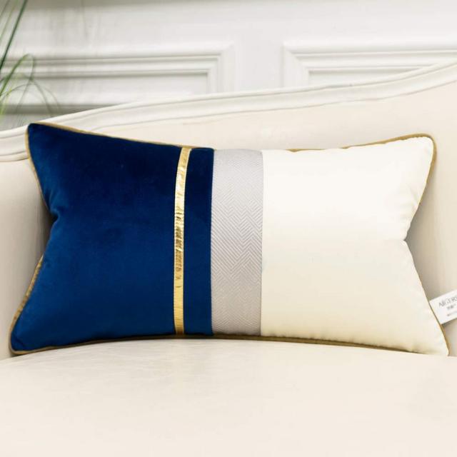 Avigers 12 x 20 Inches Navy Blue White Gold Leather Striped Patchwork Velvet Cushion Case Luxury Modern Throw Pillow Cover Decorative Pillow for Couch Living Room Bedroom Car