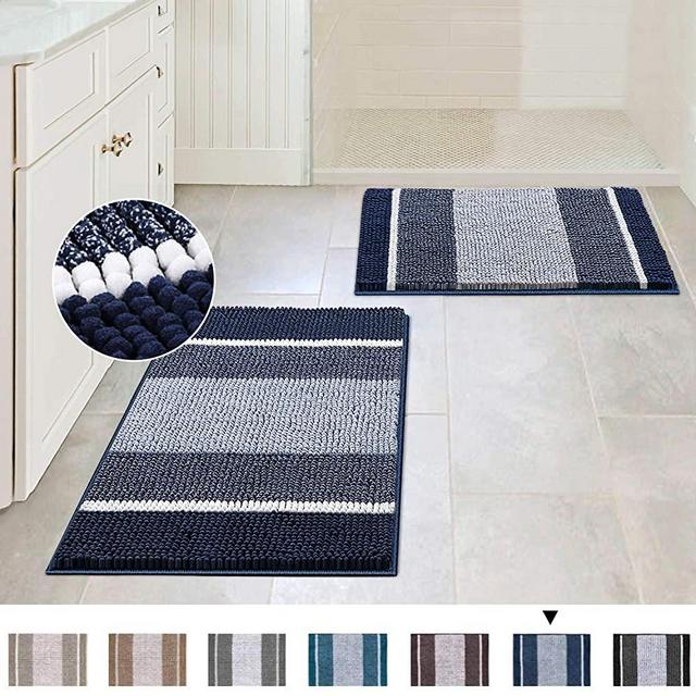 Extra Thick Chenille Striped Pattern Bath Rugs for Bathroom Non Slip - Soft Plush Shaggy Bath Mats for Bathroom Floor, Indoor Mats Rugs for Entryway (Navy, 32 x 20 Plus 24 x 17 - Inches)