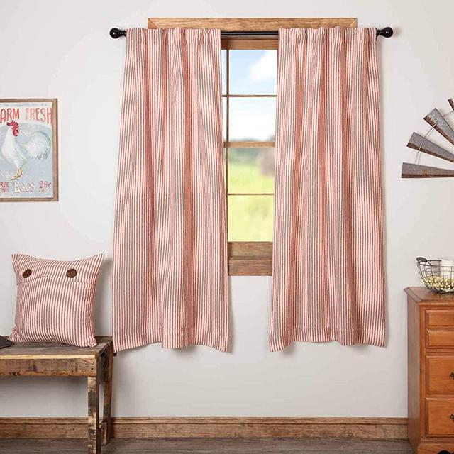 Homespun Red Ticking Panel Curtains, Set of 2, 63" Long, Primitive, Country, Farmhouse Style Window Drapes