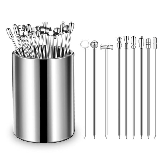 Cocktail Picks, 18Pcs Metal Martini Picks, Reusable Stainless Steel Drink Stick with Storage Cup, Bloody Mary Skewers for Appetizers Sandwiches, BBQ Snacks, Olives Fruits (18)