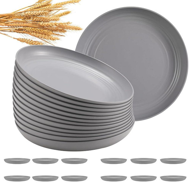 HEYCOME 12 Pcs Unbreakable Deep Dinner Plates Set, 9 inch Reusable Plastic Wheat Straw Plates, Microwave and Dishwasher Safe Plate for Kitchen, Lightweight Plate for Dessert, BPA Free, Light Gray