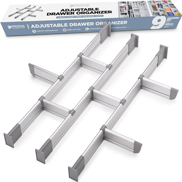 Practical Comfort Aluminum Drawer Organizer for Kitchen Utensils Silverware Flatware 9 Dividers Set | MEDIUM | UPGRADED VERSION