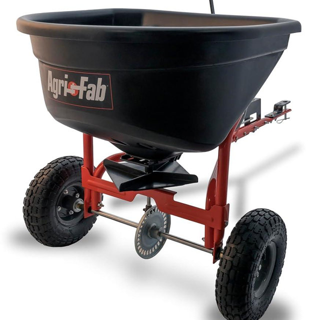 Agri-Fab 45-0527 110 lb. Tow- Behind Lawn & Garden Broadcast Spreader for Seed,Fertilizer,Salt,Ice Melt; Easy to use Flow Control from Seat of Riding Lawn Mower