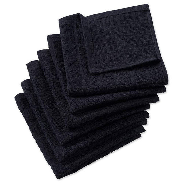 DII Cotton Terry Windowpane Dish Cloths, 12 x 12" Set of 6, Machine Washable and Ultra Absorbent Kitchen Bar Towels-Solid Black