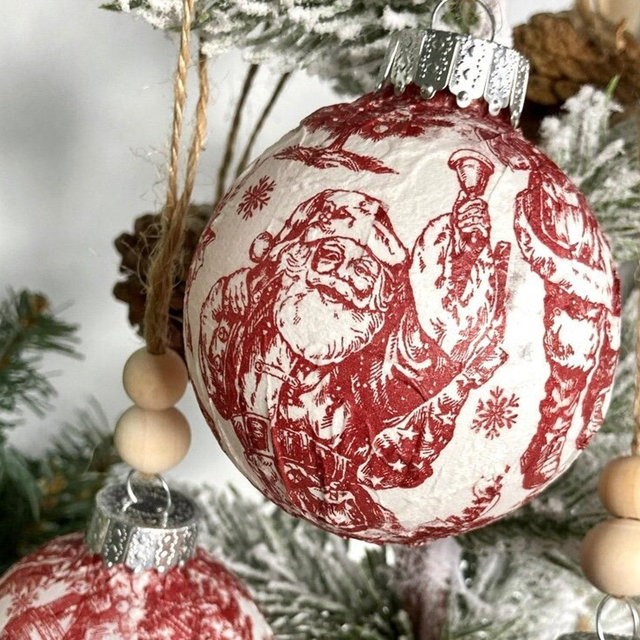 Sets of St Nick Toile Christmas Ornaments, Saint Nicholas Decoupage Ornament, Red Christmas Balls, Classic Handmade Christmas Ornaments