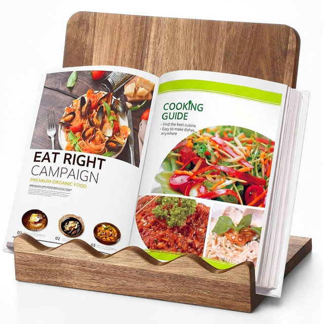 Mifoci Scalloped Acacia Wood Cookbook Stand with Removable Cutting Board, Scalloped Recipe Book Pad Tablet Holder Stand for Kitchen Counter Decor