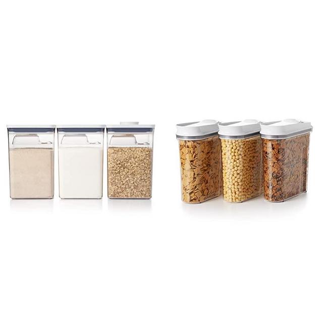 OXO Good Grips 6 Piece Large Canister Set with Scoops, 4.4 qt each, White & Good Grips 3-Piece POP Cereal Dispenser Set