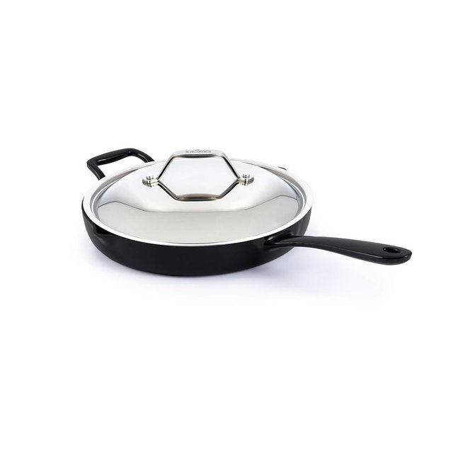 All-Clad Cast Iron Skillet - 12” Enameled Cast Iron Pan with Lid, Enamel Coating, Grill, Oven Safe up to 650°F & Compatible with All Stovetops (Gas, Electric & Induction), Easy-Clean Frying Pan, Black