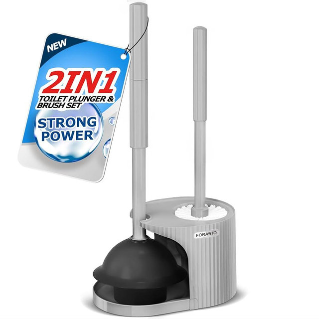 FORASTO 2 in 1 Toilet Plunger and Brush Set，Extended Handle Plunger，Toilet Bowl Brush Plunger Set,Bathroom Cleaning Tools ，Toilet Brush Plunger Combo，Cleaning Brush，Dark Grey