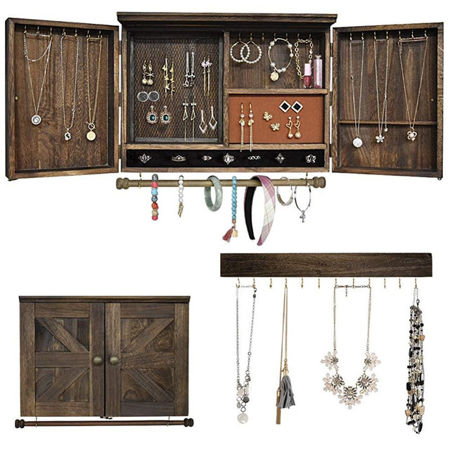 Rustic Wall Mounted Jewelry Organizer with Wooden Barndoor Decor Wooden Wall Mount Holder,Jewelry holder for Necklaces, Earings, Bracelets, Ring Holder(Rustic NEW)