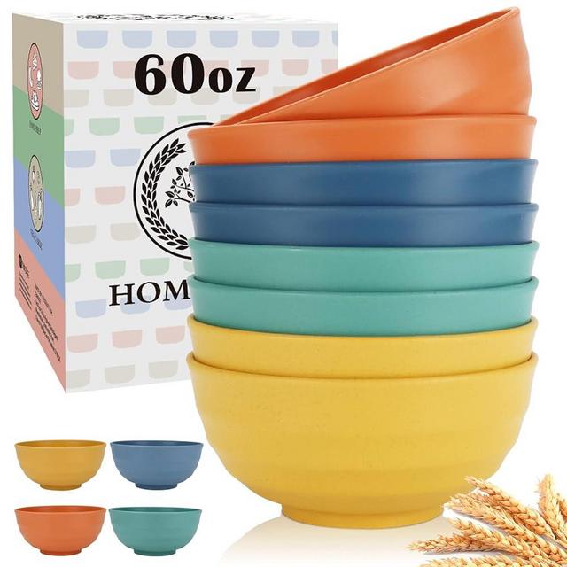 Homienly Large Bowls, 60 Oz Salad Bowls, Large Cereal Bowls, 8PCS Unbreakable Wheat Straw Serving Bowls for Pho, Popcorn, Soup & Oatmeal, Microwave & Dishwasher Safe for Kitchen, Camping (Multi)