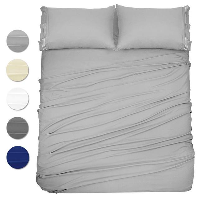 Wonwo Bed Sheets Sets Queen Size, Hotel Luxury Sheets Set, 4 Piece Microfiber 1800 Bedding Sets - Hypoallergenic 16 Deep Pocket, 4 PC 1 Flat Sheet 1 Fitted Sheet 2 Pillowcases, Light Grey