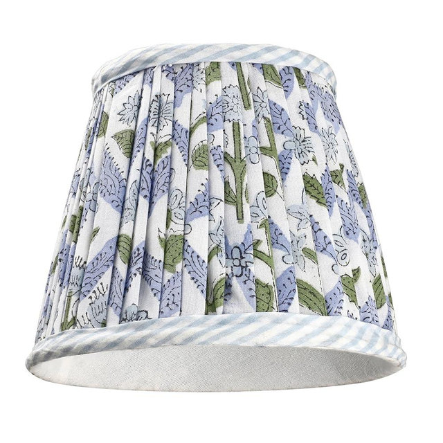 Ridhi Pleated Block Print Lamp Shade Light Steel Blue Floral Medium 4" Top x 6" Bottom x 5" High Spider with Harp and Finial Fitting.