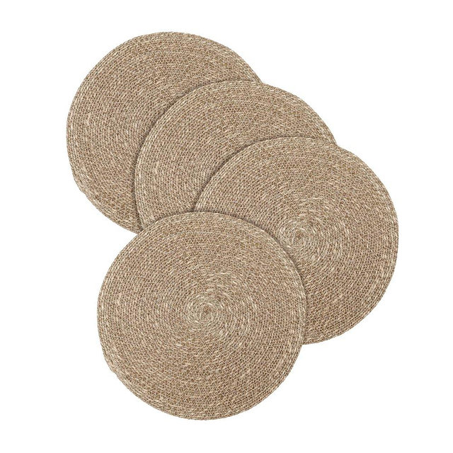 Hausattire Round Woven Placemats Set of 4 - Natural, Seagrass Rustic Heat Resistant Table Mats for Wedding, Restaurants, Party | Rattan Boho Easy Clean Circle Placemat for Kitchen, Dining - 14 Inches