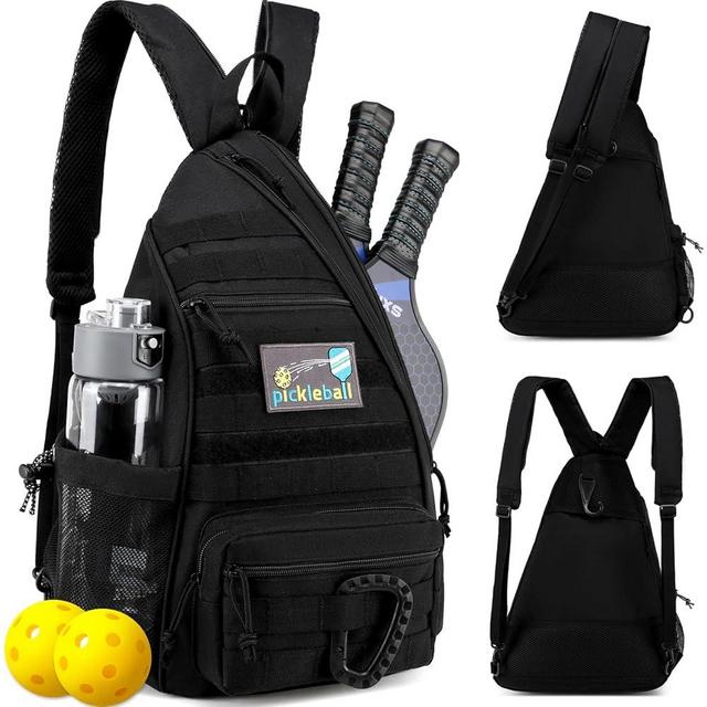 SunForMorning Pickleball Bag, Tactical Pickleball Backpack for Women Men, Adjustable Sling Bag with Fence Hook Water Bottle (Includes 2 Patches+1Carabiner)