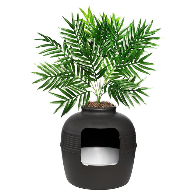 Good Pet Stuff Hidden Cat Litter Box Enclosure with Artificial Plant, Decorative Round Planter, Removable Tray, Charcoal Filter Odor Control, Easy-to-Clean, Made in USA, Essentials Kit, Black