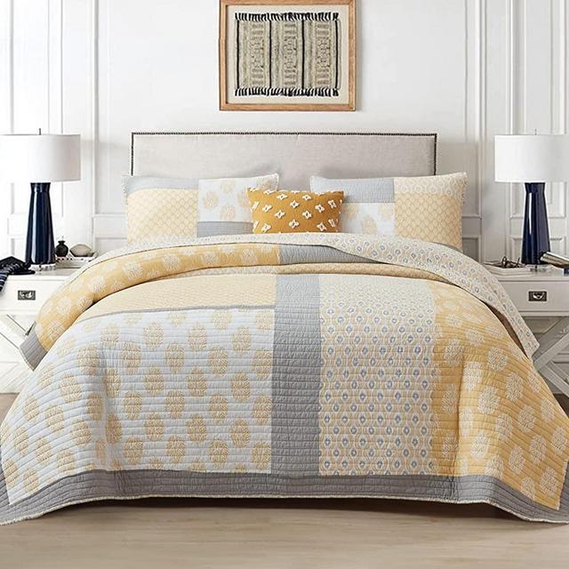 Finlonte Quilts Queen Size, 100% Cotton Lightweight Queen Quilt, Real-Patchwork Farmhouse Floral Bedspreads for Queen Bed, Yellow Grey White Reversible Quilt Bedding Set All Season, 3 Pieces