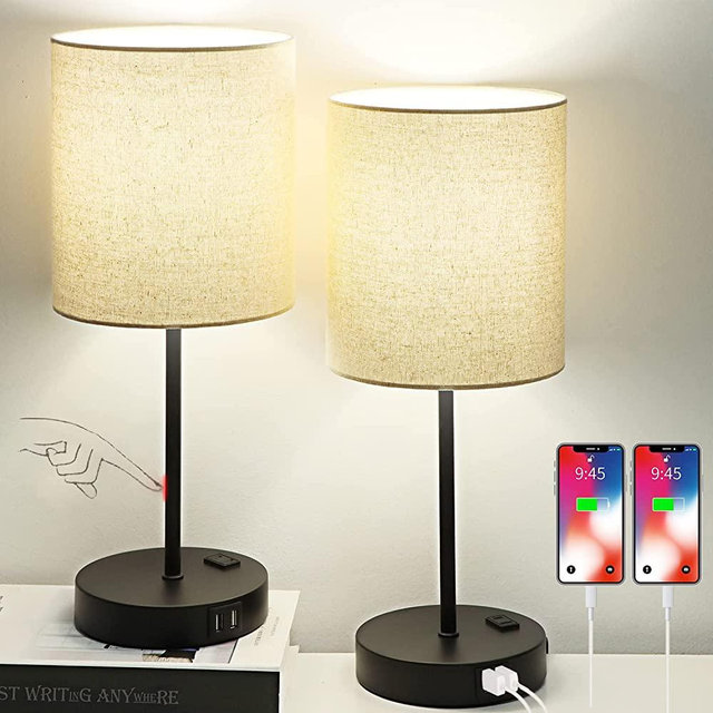 Set of 2 Touch Control Table Lamps with 2 USB Ports & AC Outlet, 3-Way Dimmable Bedside Nightstand Lamps for Living Room Nursery Office Bedroom, E26 800 Lumens 5000K Daylight Bulbs Included