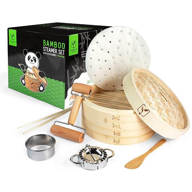 Bamboo Steamer Basket for Cooking, 10-inch - Handmade Dumpling Maker with Stuffing Spatula, Dumpling Mold, Dough Roller, Dough Cutter - Chinese Cooking Tools Set for Vegetables