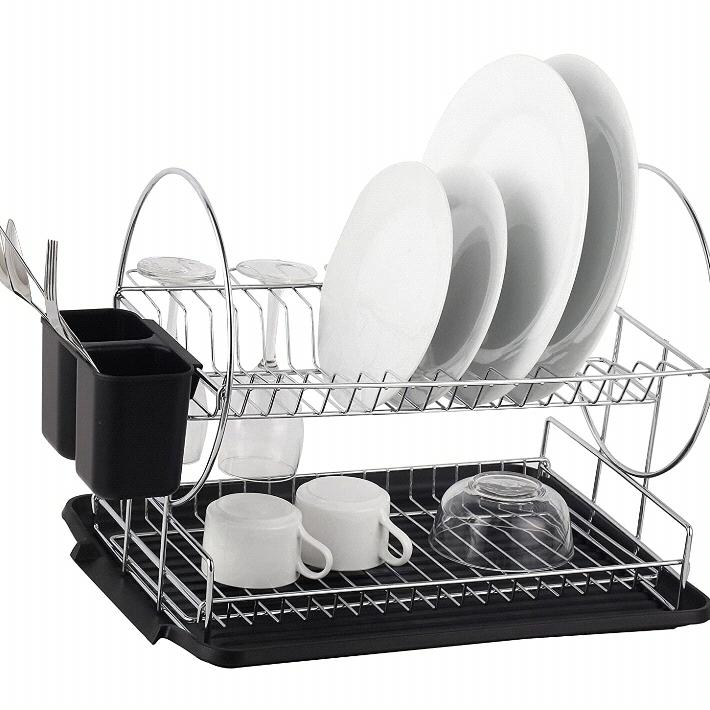 Deluxe Chrome-plated Steel 2-Tier Dish Rack with Drainboard/Cutlery Cup (BlackII)
