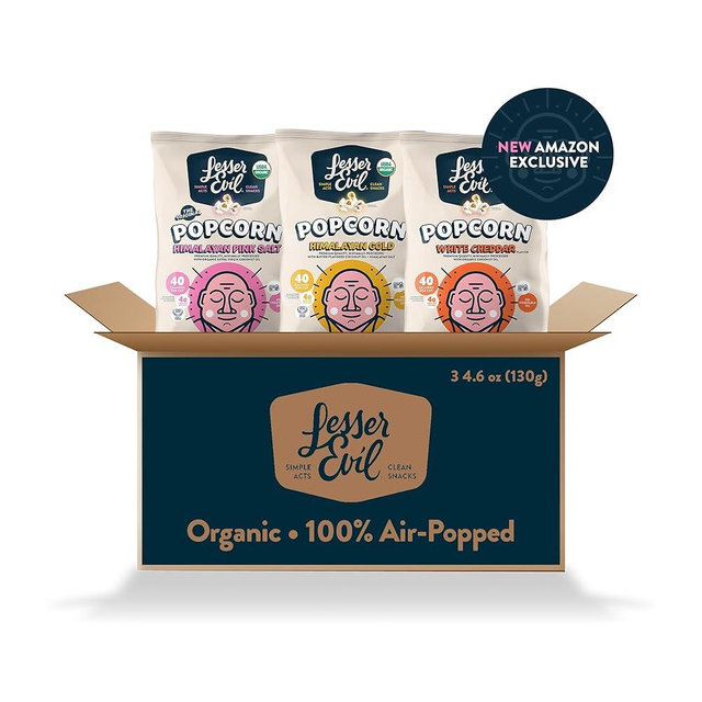 LesserEvil Organic Popcorn Variety Pack, Himalayan Pink Salt (4.6 oz Bag), Himalayan Gold (4.6 oz Bag), and White Cheddar Flavor (4.6oz Bag)