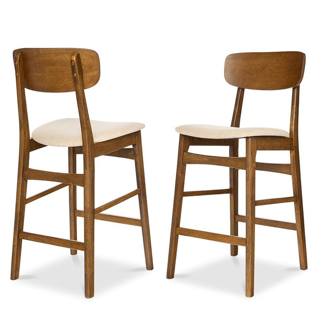 Best Choice Products Bar Stool Set of 2, Farmhouse Counter Height w/Armless Upholstered Cushioned Seat, Wooden Curved Backrest - Walnut/Cream