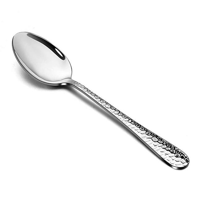 E-far 12-Piece Stainless Steel Hammered Dinner Spoons Set, Modern Silver Large Soup Spoons for Home, Kitchen, Restaurant, Round Edge & Mirror Polished, Dishwasher Safe - 7.9 Inches
