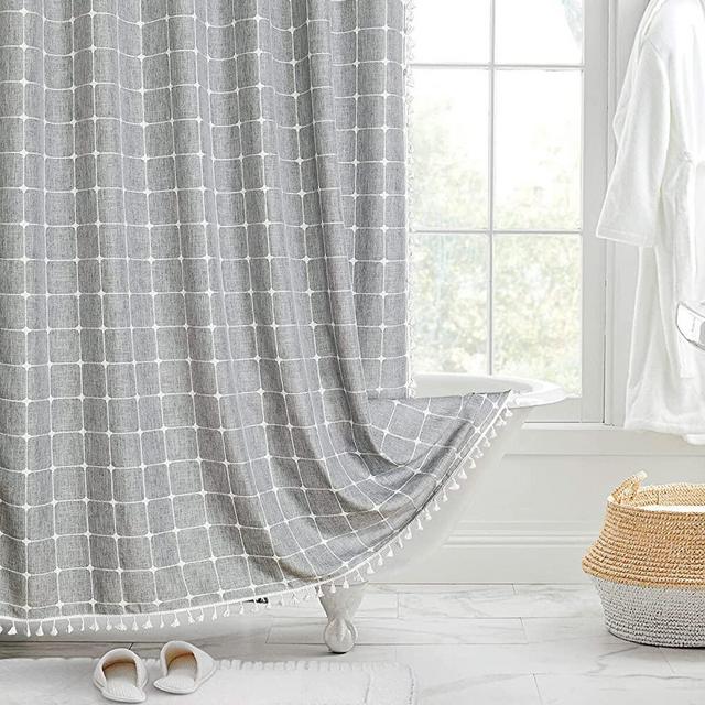 MitoVilla Modern Farmhouse Shower Curtain Set, Grey Boho Shower Curtains for Bathroom Decor, Vintage Rustic Thick Linen Fabric Shower Curtain, Country Tassel Cloth Shower Curtain, 72 x 72