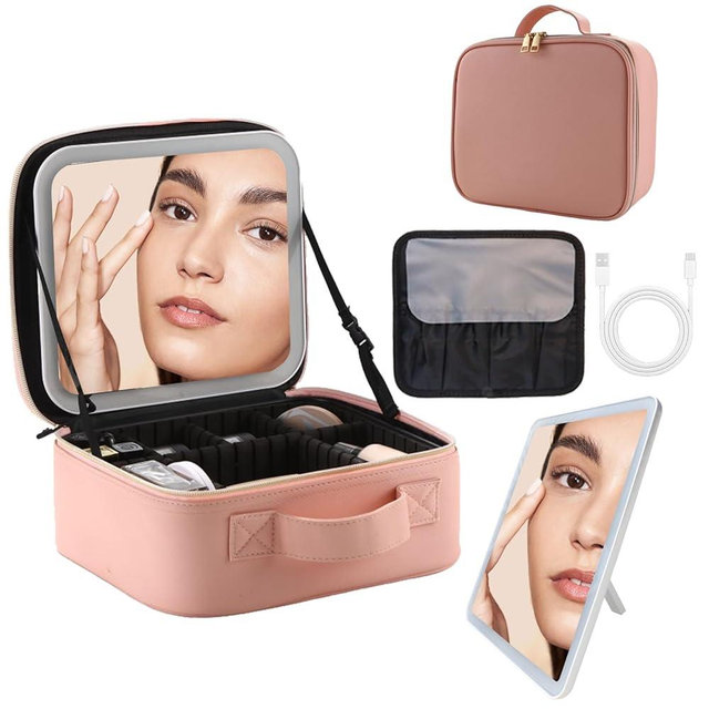 SUILU Travel Makeup Bag with LED Lighted Mirror,Cosmetics Organizer, Makeup Bag with 3 Color Lighted Setting, Portable Storage and Adjustable Dividers Travel Makeup Bag(Pink)