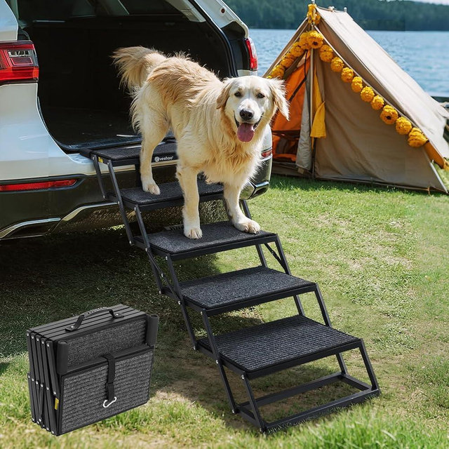 Veehoo Foldable Dog Steps for Car Truck, 5 Steps Collapsible Dog Stairs for Car Large Dogs 17" Wide, Heavy Duty Outdoor Pet Ramp Ladder Portable with Non Slip Surface for Dogs, Support up to 200 lbs