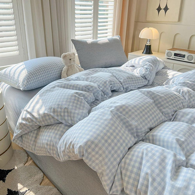 Nayoroom Blue Gingham Comforter Set Queen Size Plaid Checkered Comforter 3 Pcs Soft Lightweight Grid Farmhouse Dorm Bedding Set for All Seasons (1 Comforter, 2 Pillowcases)