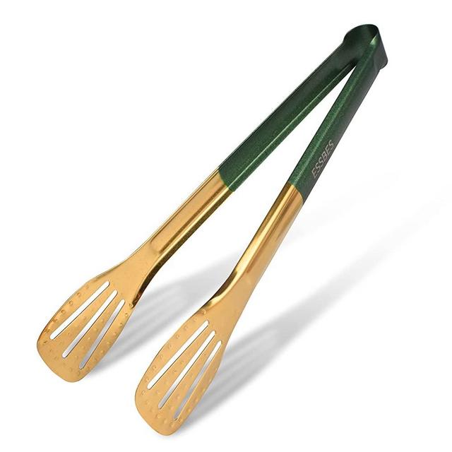 ESSBES 11" Stainless Steel Kitchen Tongs, One-Piece and Coarse Sand Non-Slip Grip Stainless Steel Tongs for Cooking, Thickened and Not Easily Deformed Grill Tongs for Bread, Salad, Cake and BBQ(Green)