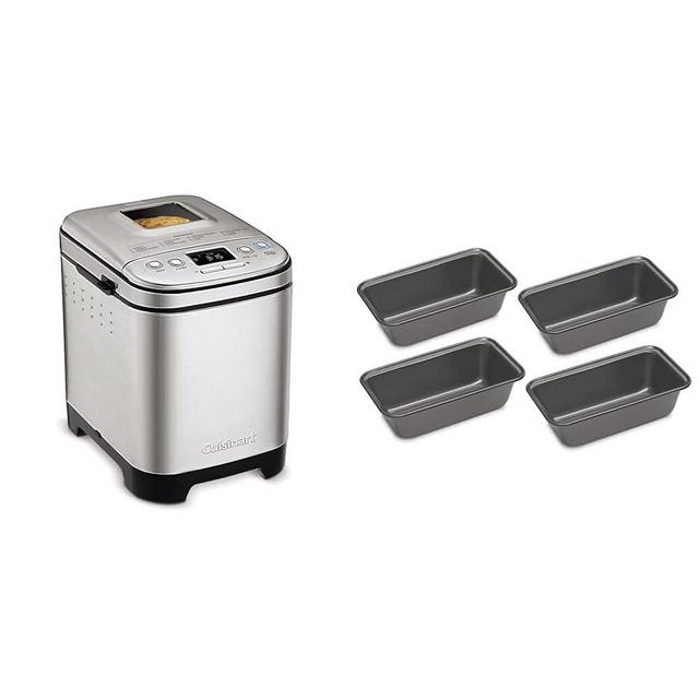 Cuisinart Bread Maker Machine, Compact and Automatic, Customizable Settings, Up to 2lb Loaves, CBK-110P1, Silver,Black & CMBM-4LP Mini Loaf Pan (Set of 4)