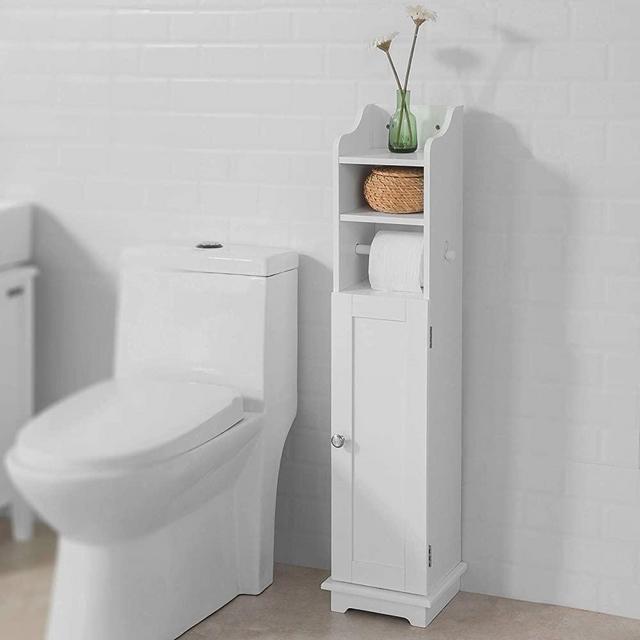 Haotian FRG177-W,White Free Standing Wooden Bathroom Toilet Paper Roll Holder Storage Cabinet Holder Organizer Bath Toilet