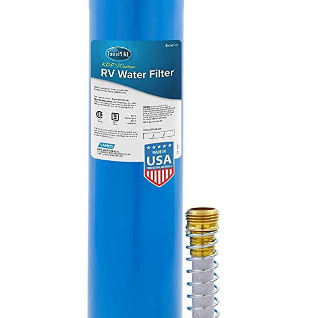 Camco 40019 TastePURE Inline XL RV Water Filter with Flexible Hose Protector | Protects Against Bacteria | Reduces Bad Taste, Odor, Chlorine and Sediment,Extra Large Filter & Hose Protector , Blue