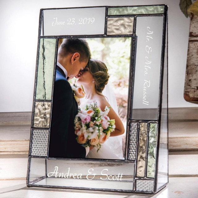 Wedding Engraved Stained Glass Picture Frame – 4x6 or 5x7 Custom Personalized Gift, Yellow & Green Wedding Keepsake, Anniversary Gift