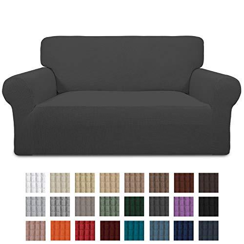 Easy-Going Stretch Loveseat Slipcover 1-Piece Couch Sofa Cover Furniture Protector Soft with Elastic Bottom for Kids. Spandex Jacquard Fabric Small Checks(loveseat,Dark Gray)