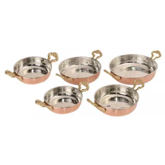 Giftanbul Copper Pan With Brass Handle, Traditional Handmade Sahan, Hand Hammered Cooking Pan, Omelette Pan for Kitchen Restaurant (5 Pieces Set)